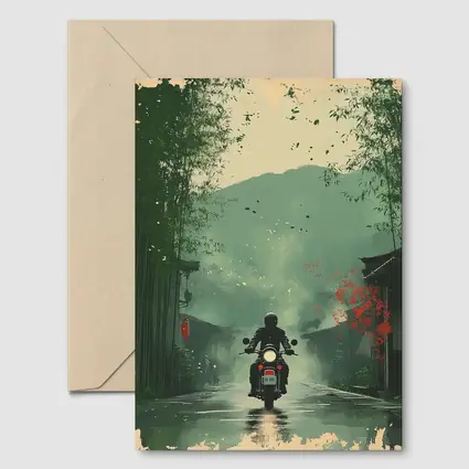 Motorcyclist Riding Through Misty Chinese Village