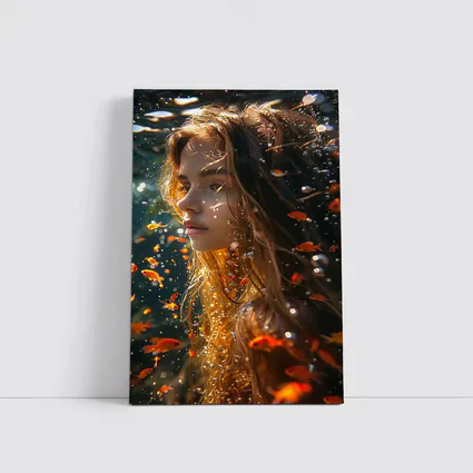 Woman Underwater Surrounded By Golden Fish