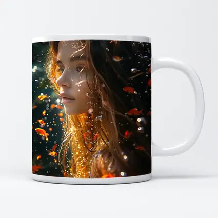 Woman Underwater Surrounded By Golden Fish