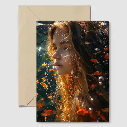 Woman Underwater Surrounded By Golden Fish