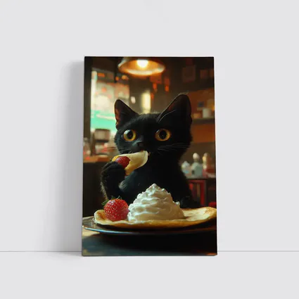 Black Kitten Eating Crepe With Strawberry