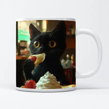 Black Kitten Eating Crepe With Strawberry