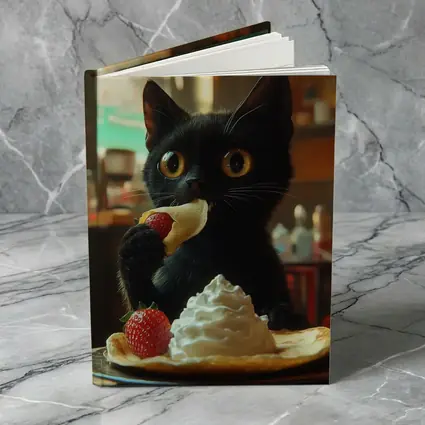 Black Kitten Eating Crepe With Strawberry