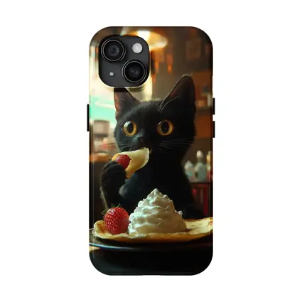 Black Kitten Eating Crepe With Strawberry