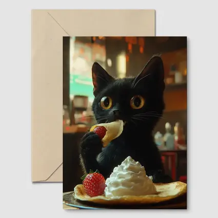 Black Kitten Eating Crepe With Strawberry