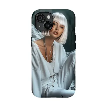 White Outfit Woman Sitting Rocky Background
