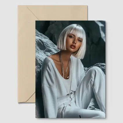 White Outfit Woman Sitting Rocky Background