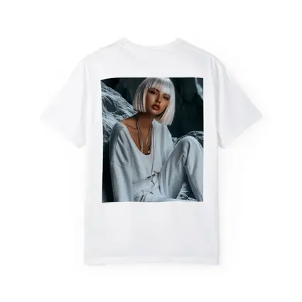 White Outfit Woman Sitting Rocky Background