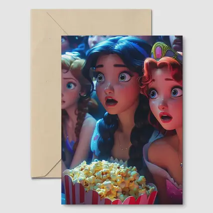 Cartoon Princess Girls Watching Movie With Popcorn