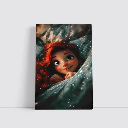 Red Haired Cartoon Girl Glittery Blue Fabric