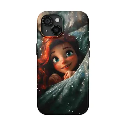 Red Haired Cartoon Girl Glittery Blue Fabric