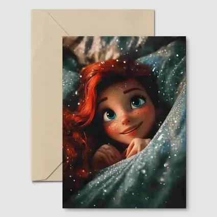 Red Haired Cartoon Girl Glittery Blue Fabric