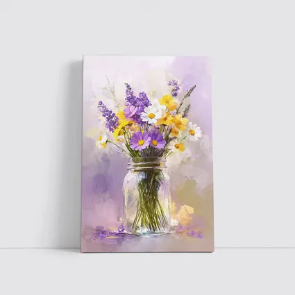 Wildflowers Daisies Lavender Mason Jar Oil Painting