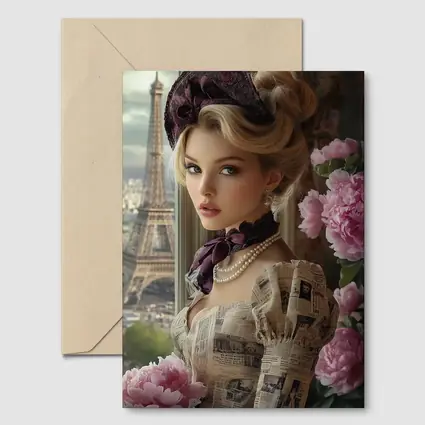 Victorian Woman Peonies Eiffel Tower Paris