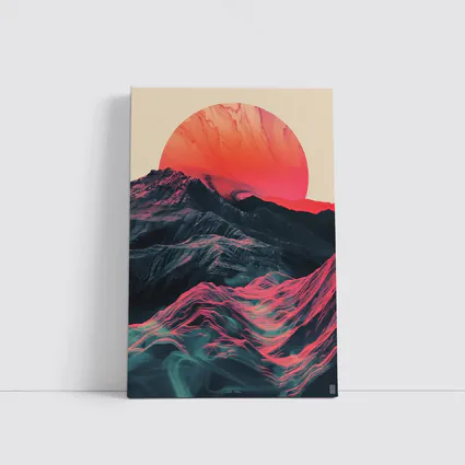 Red Sun Rising Over Abstract Mountain Landscape