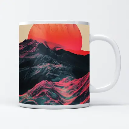 Red Sun Rising Over Abstract Mountain Landscape