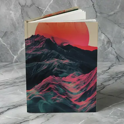 Red Sun Rising Over Abstract Mountain Landscape