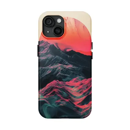 Red Sun Rising Over Abstract Mountain Landscape