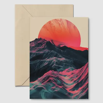 Red Sun Rising Over Abstract Mountain Landscape