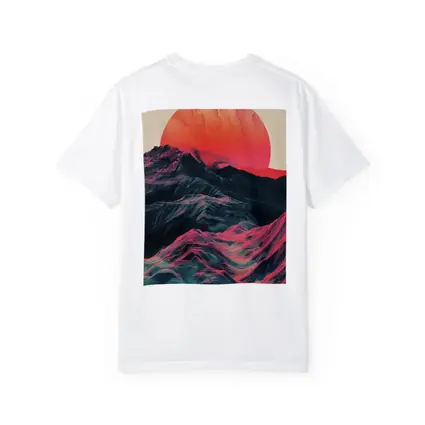 Red Sun Rising Over Abstract Mountain Landscape
