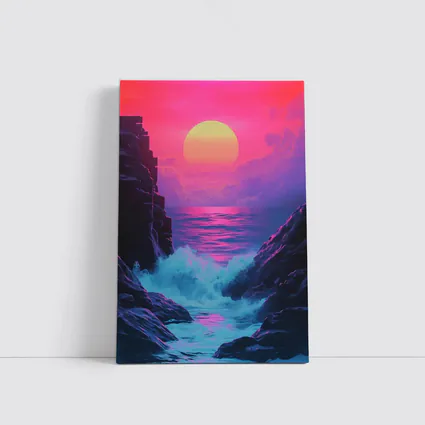 Retro Synthwave Sunset Ocean Rocky Coast