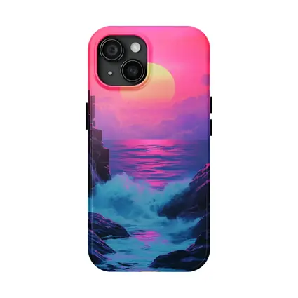Retro Synthwave Sunset Ocean Rocky Coast