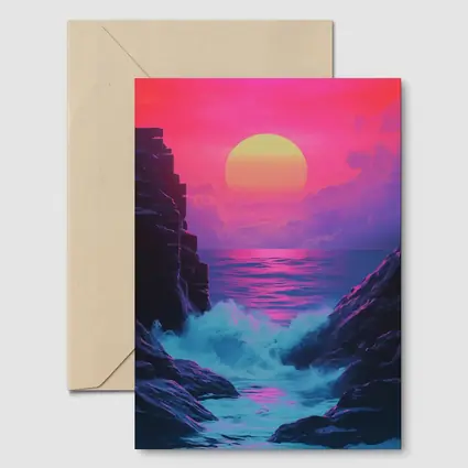 Retro Synthwave Sunset Ocean Rocky Coast