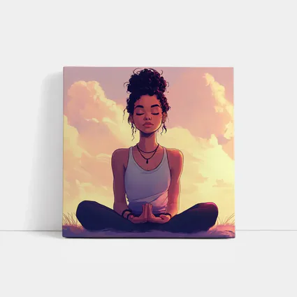 Meditating Woman Lotus Pose Sunset Sky