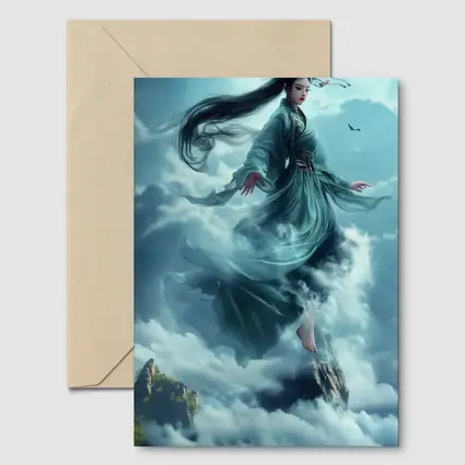 Chinese Goddess Flying Above Mountain Clouds