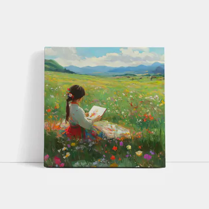 Girl Painting in Colorful Wildflower Meadow