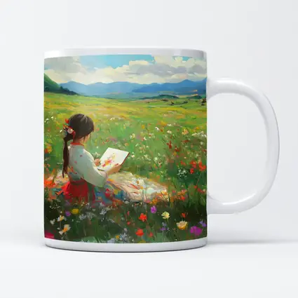Girl Painting in Colorful Wildflower Meadow