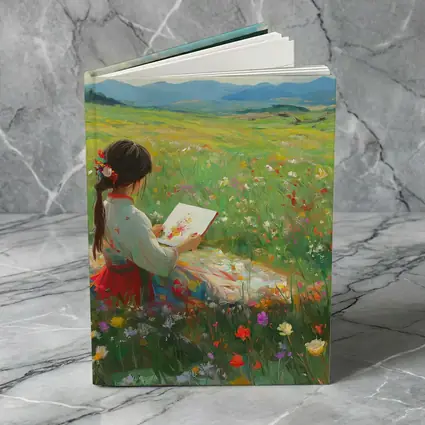 Girl Painting in Colorful Wildflower Meadow