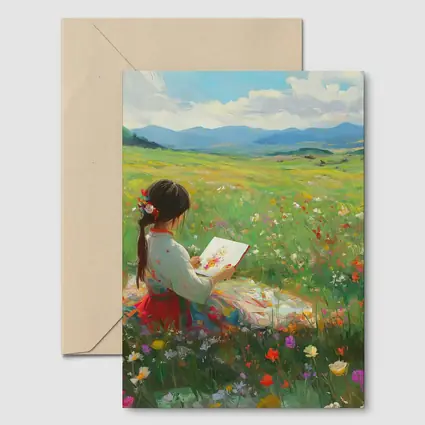 Girl Painting in Colorful Wildflower Meadow