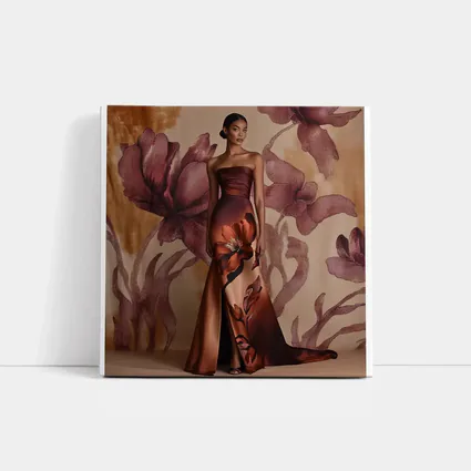 Floral Print Gown Brown Satin Evening Dress