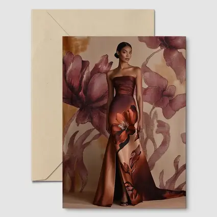 Floral Print Gown Brown Satin Evening Dress