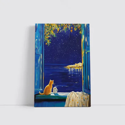 Orange Cat Starry Night Ocean Window View