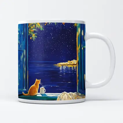 Orange Cat Starry Night Ocean Window View