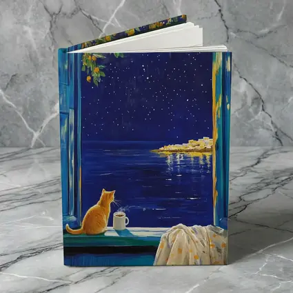 Orange Cat Starry Night Ocean Window View