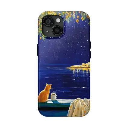 Orange Cat Starry Night Ocean Window View