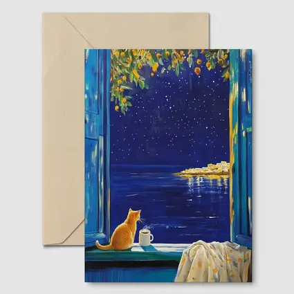 Orange Cat Starry Night Ocean Window View