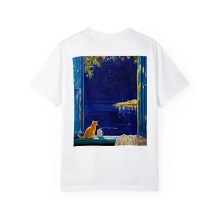 Orange Cat Starry Night Ocean Window View
