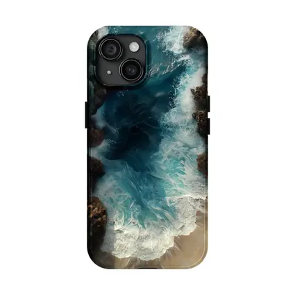 Aerial Ocean Waves Crashing Rocky Coastal Shore