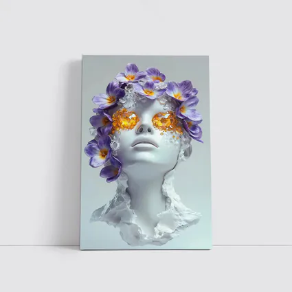 White Sculpture Face Purple Flowers Gems