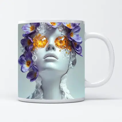 White Sculpture Face Purple Flowers Gems