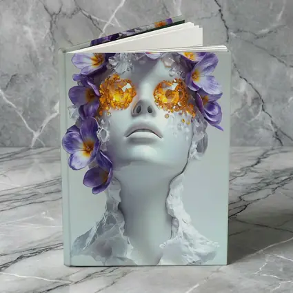 White Sculpture Face Purple Flowers Gems
