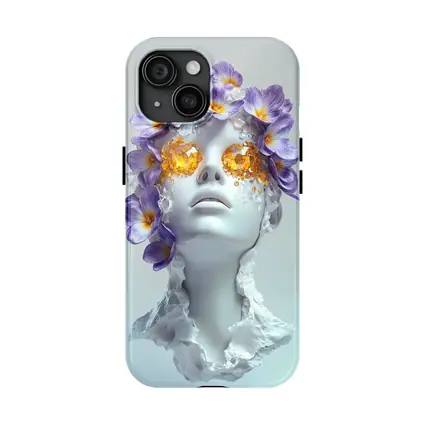 White Sculpture Face Purple Flowers Gems