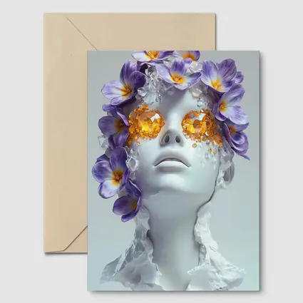White Sculpture Face Purple Flowers Gems