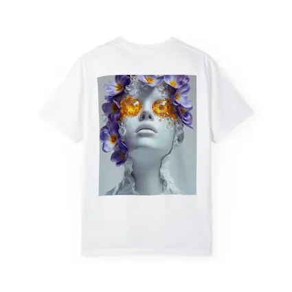White Sculpture Face Purple Flowers Gems