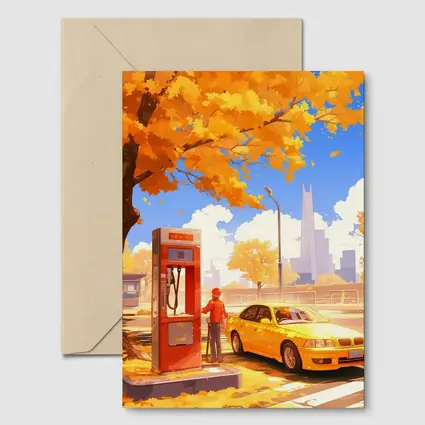 Anime Boy Yellow BMW Autumn City Street
