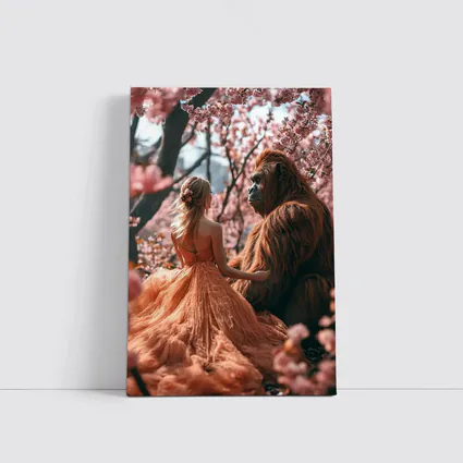 Woman and Gorilla Among Cherry Blossoms